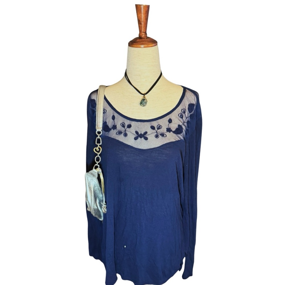 Boho Embroidered‎ Sheer Yoke Tunic Top Navy Romantic Blouse XL LC Lauren Conrad
